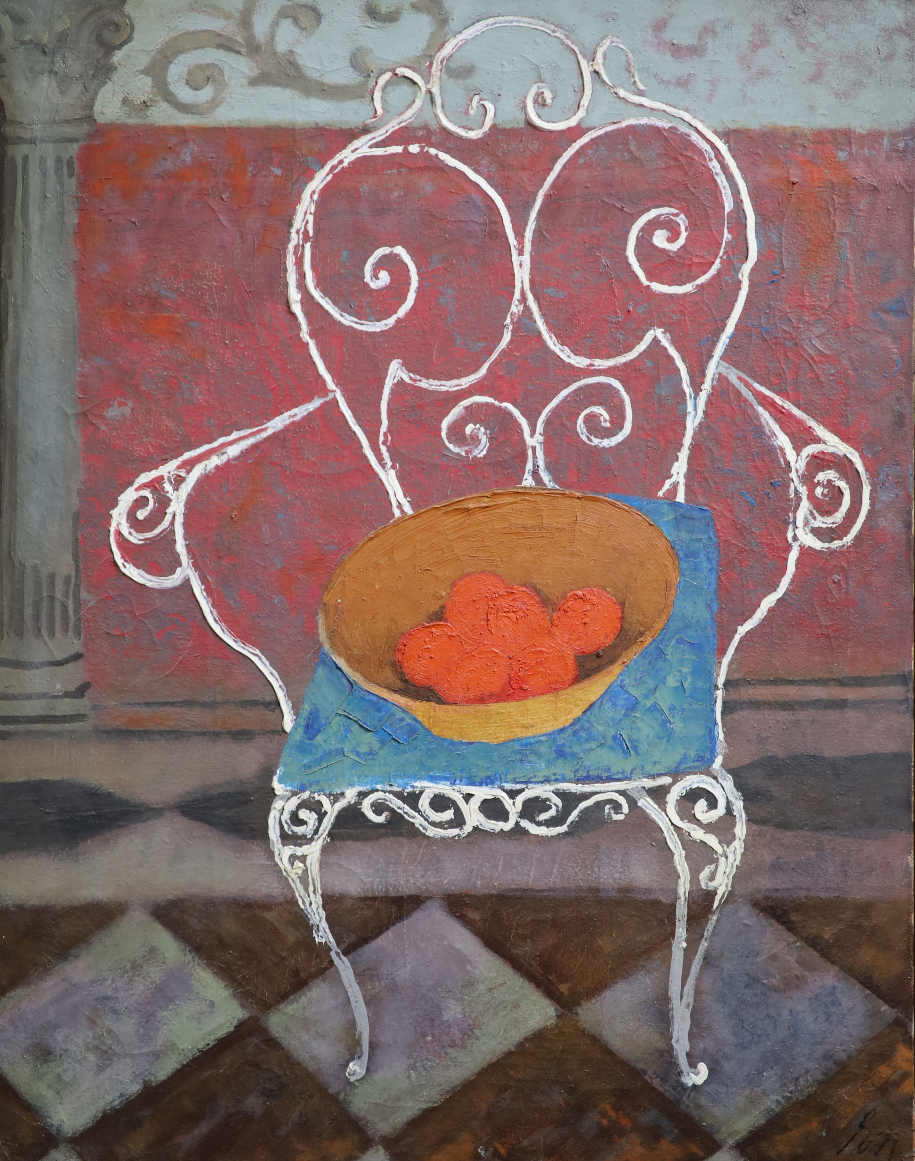 Ernst Neuschul (Austrian, 1895-1968), Still life of oranges upon a wrought iron chair, oil on canvas, 91 x 76cm